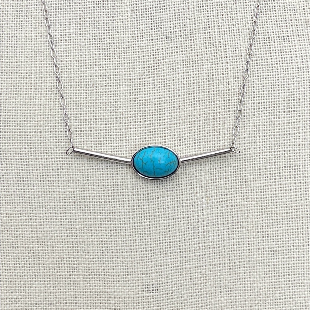 Stainless Steel Bar Necklace With Turquoise - Silver